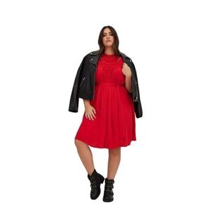 Red Crochet High Neck Women's Dress